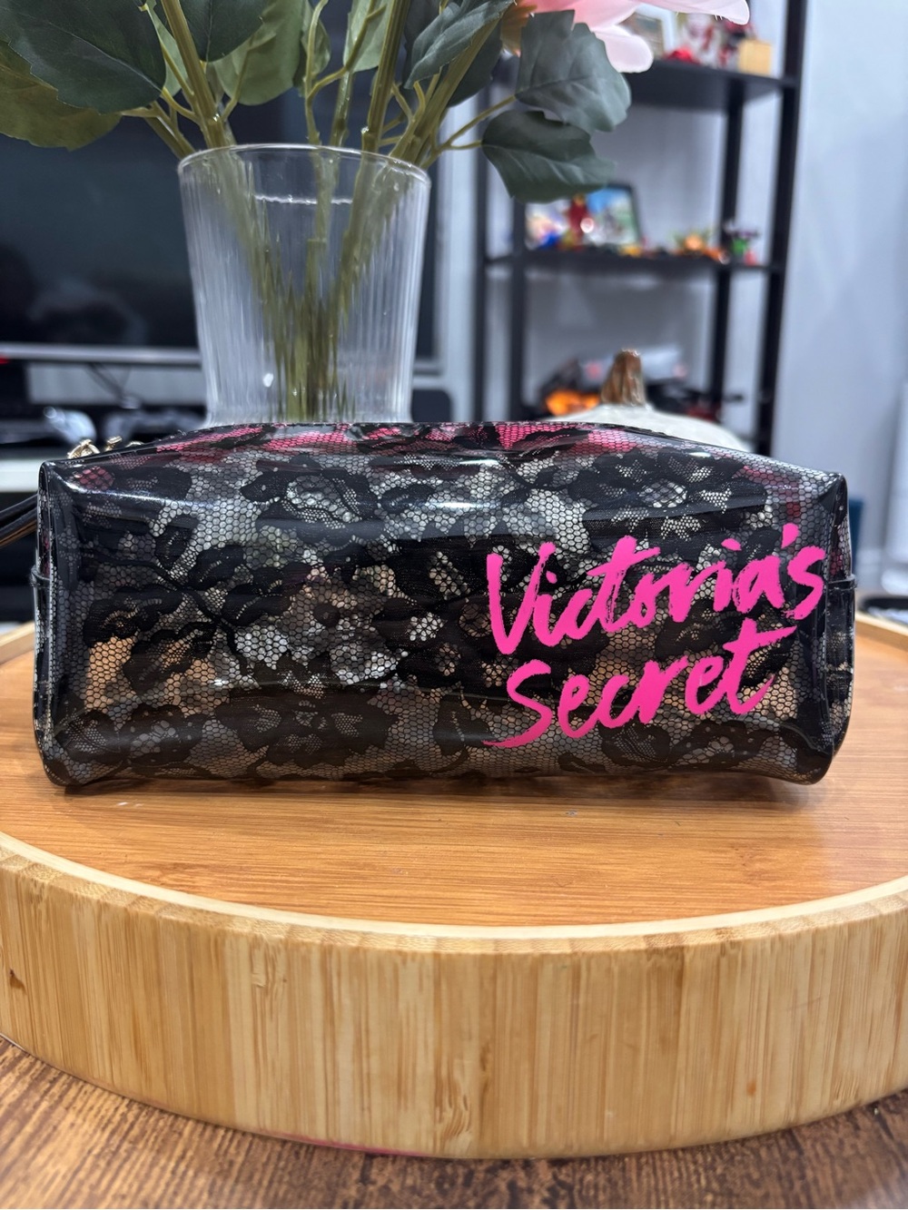 Victoria's Secret Black Lace Cosmetic Bag with Pink Logo Script